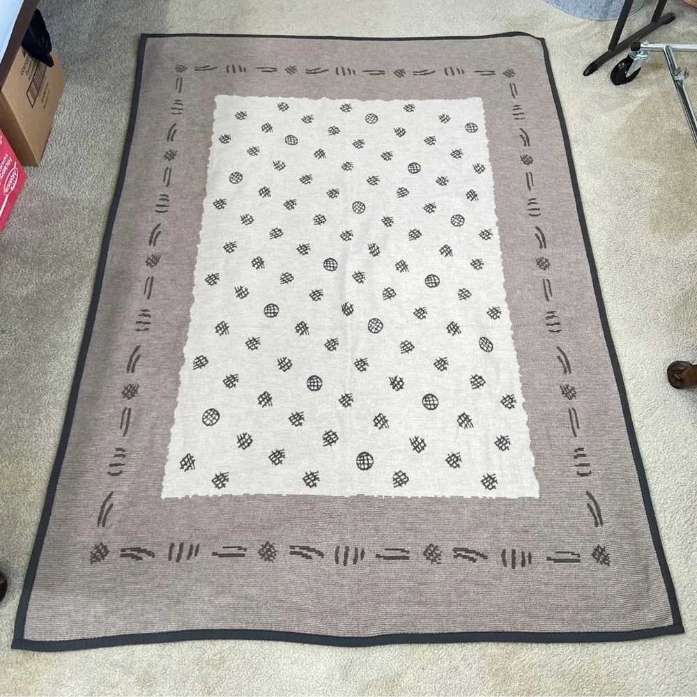 Vtg. IBENA Woven Jacquard Throw Blanket Geometric Germany Made Grey Velour 53x76